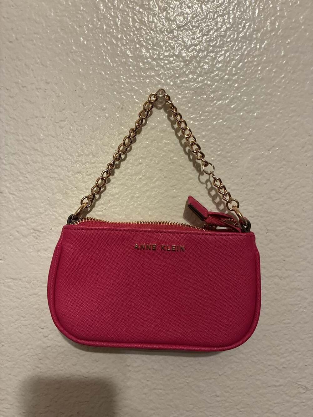Anne Klein Saffiano Faux Leather Zip Top Mini Pouch Wristlet with Gold Chain